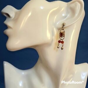 VTG Silvertone Red Ethnic Tribal Warrior Art Nouveau Chandalier Post Earrings